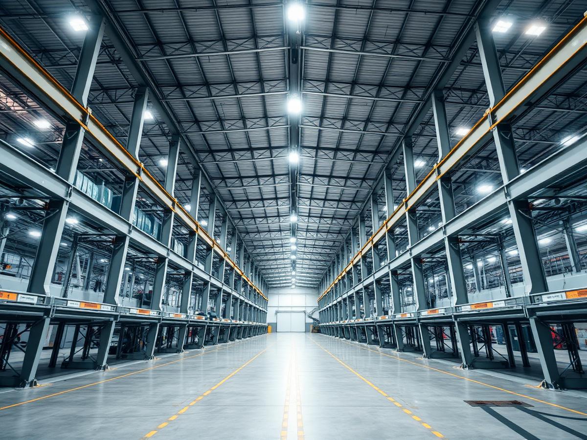 Industrial warehouse with high bay LED lighting and cable containment